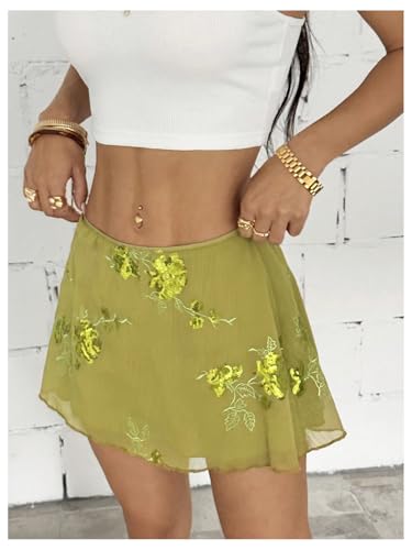 Milumia Women's Floral Embroidery Mesh Mini Skirt Low Waisted Flared A Line Summer Skirts2