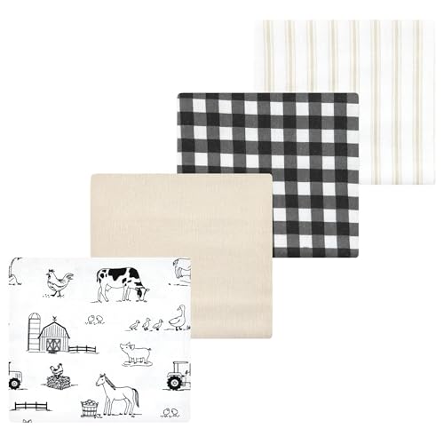 Luvable Friends Hudson Baby Flannel Receiving Blankets 4pk, Neutral Farm Animals