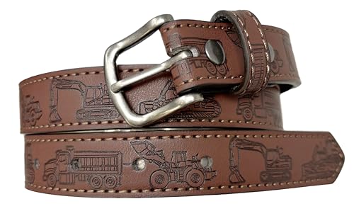 Equipo de construcción para niños, correa de cinturón de cuero y hebilla de metal, 1 pulgada de ancho con broches, excavadora, camión volquete, excavadora, tractor, Marrón - Construcción, Small