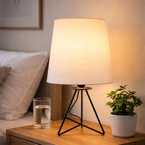 Image of Modern Black Tripod Table Lamp with Taper Fabric Shade | Metal Base Bedside Lamp for Bedroom, Living Room, Study, Office & Nightstand | Decorative Table Light (White)