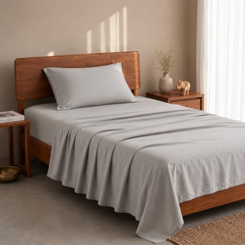 Image of LANE LINEN 100% Organic Cotton Bedsheet for Single Bed - Silver | GOTS Certified, Percale Weave, 60x90 inches, Soft & Breathable, Machine Washable, Includes 1 Pillow Cover