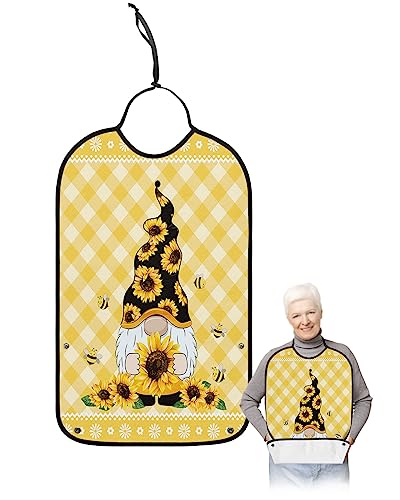 Sunflower Gnomes Adult Bibs for Eating, Waterproof Bibs with Food Catcher & Adjustable Snap Closure, Yellow Plaid Farmhouse Floral Bee Washable Clothing Protectors Adult Bibs for Elderly Women/Men