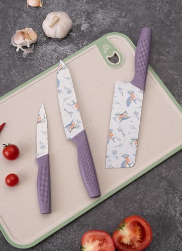 Image of Stainless Steel Knife Set - 3-Piece Chef, Utility & Paring Blades with Anti-Slip Handles & Color Coating | Sharp Kitchen Knives for Slicing, Dicing, Chopping (Purple)