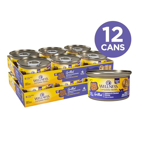 Image of Wellness Complete Health Grilled Adult Canned Wet Cat Food, Natural, Protein Rich, Grain Free, Salmon and Chicken Entree Recipe, 3 oz, Pack of 12 Cans