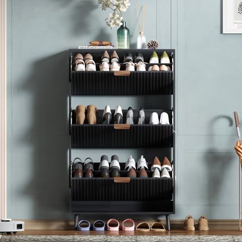 Image of Shoe Cabinet Storage,Modern Freestanding Organizer with 3 Flip Drawers,Narrow Shoe Rack Cabinet for Entryway,Black