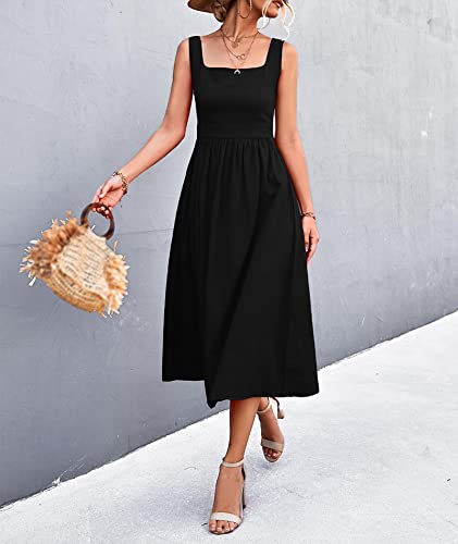 Image of xxxiticat Women's Square Collar Casual Dress Sleeveless Pleated A-Line Summer Beach Boho Elegant Backless Midi Dress