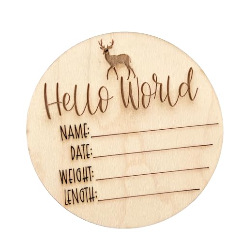 Personalized Wooden Baby Birth Announcement – Custom Engraved Newborn Plaque with Birth Stats – Gender-Neutral Keepsake for Nursery & Baby Photos – Unique Baby Shower Gift (Deer Hello World)