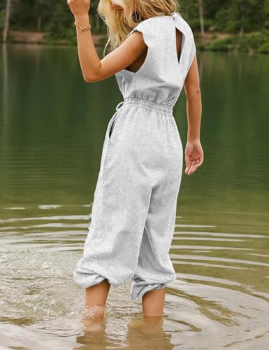 Flygo Womens Casual Jumpsuit Crewneck Cap Sleeve Long Wide Leg Pants One Piece Outfits Drawstring Romper with Pockets4
