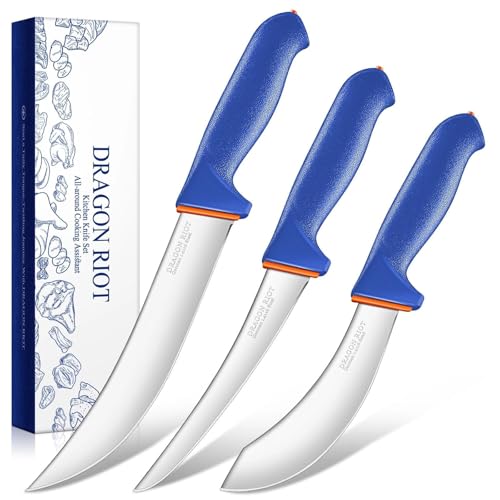 DRAGON RIOT 3 Pcs Butcher Knives Set, Meat Processing Knife Set for Brisket Trimming with German Stainless Steel and Blue Non-slip Handle Gift for Men