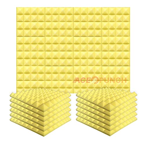 Acepunch 12 Pièces JAUNE Pyramide Mousse Acoustique Panneau Insonorisation Sonorisation Absorbeur Traitement 50 x 50 x 5 cm AP1034 Cover