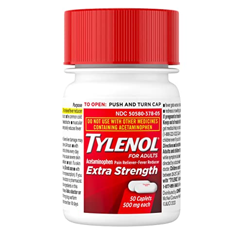 Image of Tylenol Extra Strength 500 mg Acetaminophen Caplets, Pain Reliever & Fever Reducer, Acetaminophen for Minor Arthritis Pain, Headache, Backache & Toothache, 50 Ct