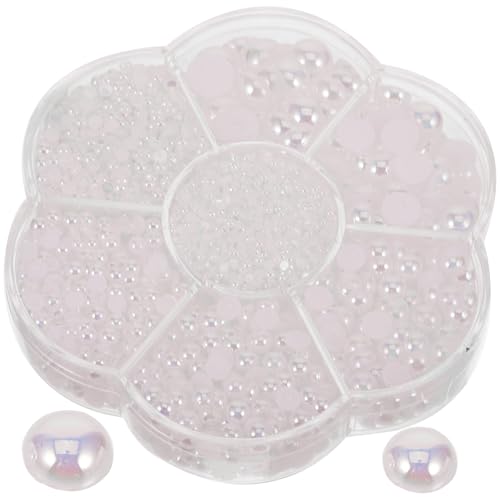 TEHAUX 7-Compartment Plum-Shaped Container with Half-Round Ab Nail Pearls for Manicure Nail Art Decoration Small Pearl Charms Suitable for DIY Accessories and Beauty Craft Materials