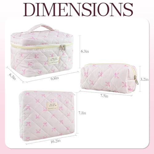 3Pcs Quilted Makeup Bag, Cute Floral Cotton Cosmetic Bag set, Coquette Bow Makeup Pouch Large Travel Toiletry Bag4