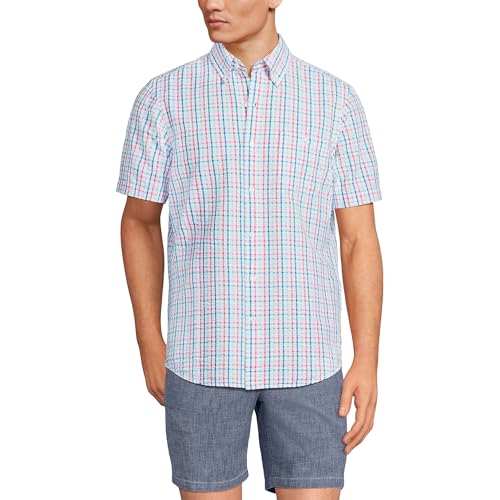 Lands' End Mens Traditional Fit Seersucker Shirt Tropical Teal Tattersall Regular Large