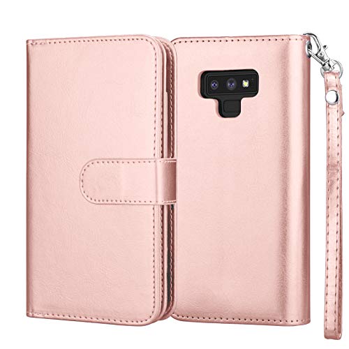 Njjex For Galaxy Note 9 Wallet Case, For Note 9 Case, Luxury Pu Leather [9 Card Slots] Id Credit Folio Flip Cover [Detachable][Kickstand] Magnetic Phone Case & Wrist Strap For Samsung Note 9 -Rosegold #TOP6