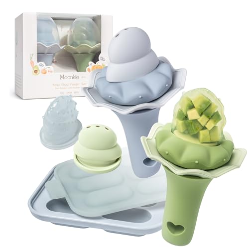 Image of Moonkie Baby Fruit Feeder with Freezer Tray, BPA Free Silicone Food Feeder for Infant Self Feeding, Breastmilk Popsicle Molds, Mesh Feeder with Two Pouches, Baby Shower Gifts 4 Months+, 2 Pack