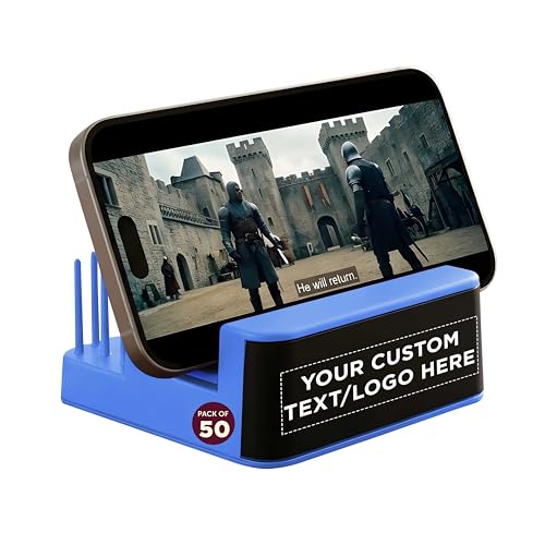 DISCOUNT PROMOS Custom Light Up Logo Phone Stands Set of 50, Personalized Bulk Pack - Essential Smartphone Accessory, Perfect for Office and Home - Blue