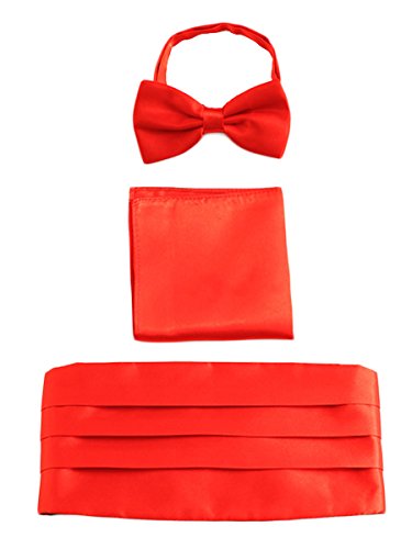 WANYING Homme Satin Ceintures de Smoking Noeud Papillon Mouchoir de Poche 3 en 1 Set pour Fête Cérémonie du Mariage Banquet Gentleman - Uni Rouge