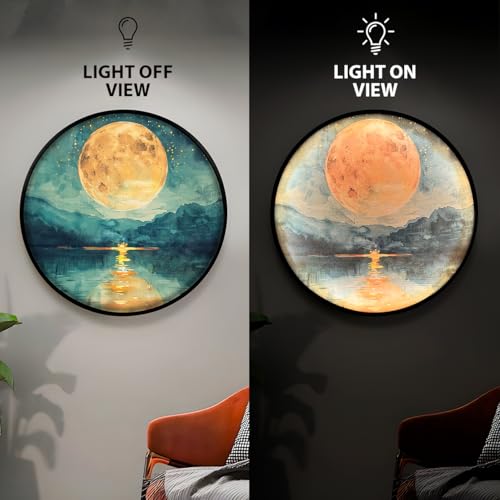 Image of PAINTINGMANTRA Full Moon Scenic View Night Wall Lamp Painting with Premium Aluminium Metal Frame, Nature Round Wall Painting with Warm White Night Lamp for Home & Office Wall Decor (18x18 Inches)