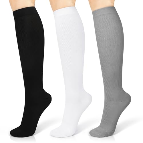 3 Pairs Compression Socks 15-20 mmHg for Men & Women, Compression Stocking Best Support for Running, Swelling, Nurse, Flight, Nurses,Edema