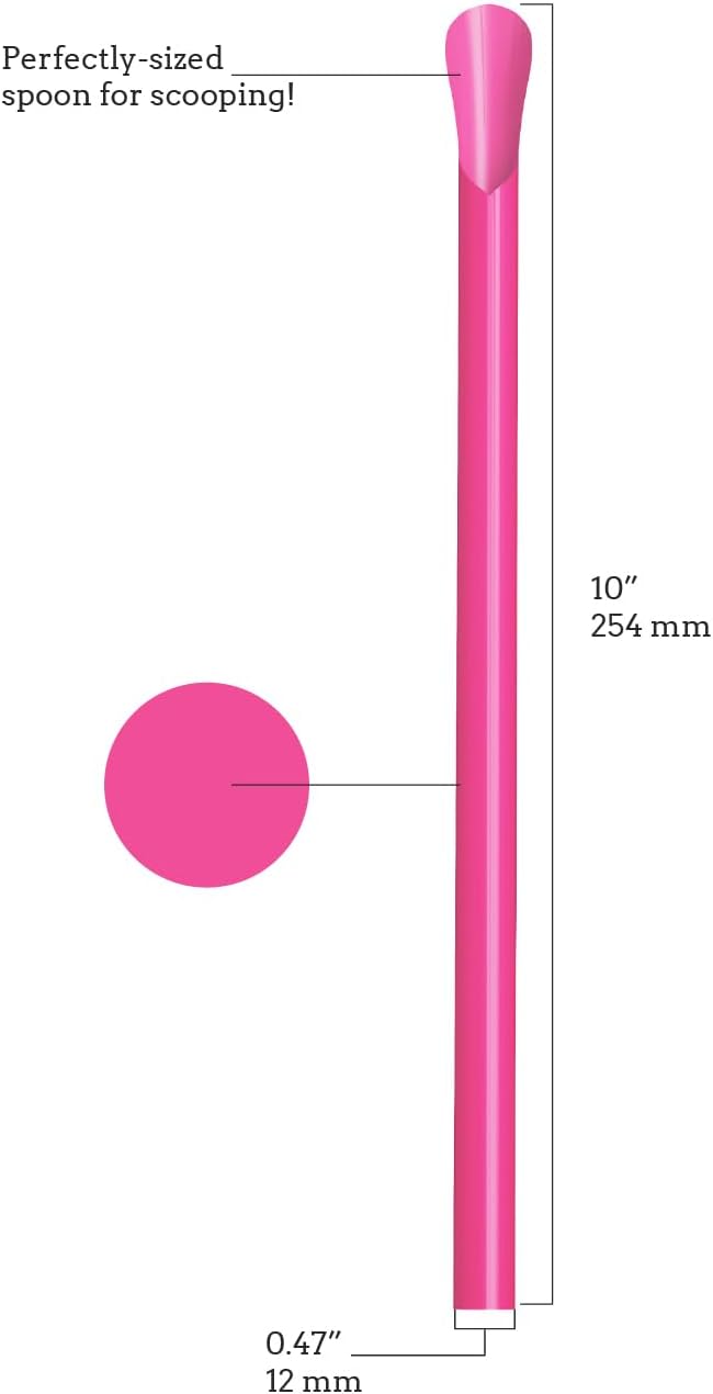 200% Diameter MegaScoop Plastic Spoon Straws - 100 Pack - 10 Inches by 0.5 Inches Wide (Individually Wrapped, Pink)