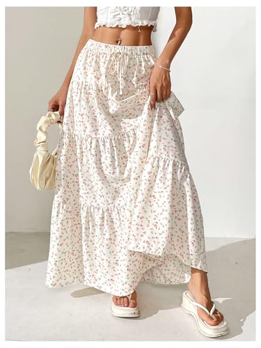Floerns Women's Summer Holiday Maxi Floral Skirt Elastic Waist Tie Front Vacation Tiered Long Skirts4