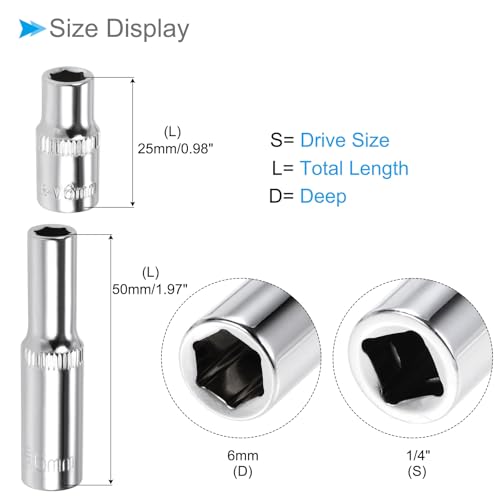 Image of 6-Point Socket, 1 /4 inch Drive 6mm Deep, Polished Chromed CR-V Metric Deep and Shallow Impact Socket - (Applications: for Ratchet Torque Electric Wrenches Car Repair), 2-Pieces