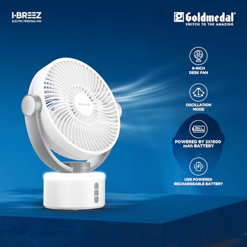 Image of Goldmedal I-Breez 200 mm Portable Desk Fan | 45 Head Tilt | Type-C USB-Powered Rechargeable Battery with 8-9 Hours Backup | 2-Light Brightness Setting | Personal Fan for Home & Office (White-Grey)