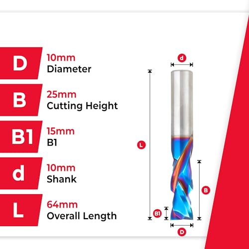 Image of Amana Tool Spektra Extreme Tool Life Coated Solid Carbide CNC Compression Spiral Router Bit, 48310-K, 10mm D x 25mm CH x 10mm Shank x 64mm Long