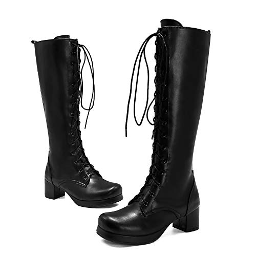 Women Fashion Chunky High Heels Lace Up Mid Calf Boots Side Zipper Platform Round Toe Knee High Boots Cosplay Lolita Princess Shoes3