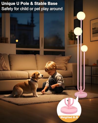 Image of Lightdot 63IN Pink Floor Lamp Mid Century Modern Floor Lamp with 3 Globe 3000K Bulbs Included, 3 Lights U-Style Standing Lamp for Wedding Party /Living Room /Bedroom /Sofa Beside /Corner Decor