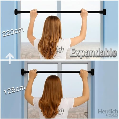 Image of Herrlich Homes (125 to 220 cm Extendable Shower Curtain Tension Rod | Non-Drilling Anti-Skid Spring Pull Rod | Adjustable Size | with Rubber Pads | Stainless Steel| Black | 1 Piece | XL
