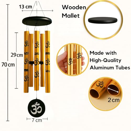 Image of 27inch Big Wind Chime for Home & Balcony Hanging - 5 Pipe OM Design Wind Chime for Positive Energy & Melody Sound (Golden)
