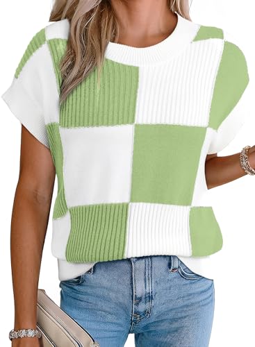 Image of EVALESS Short Sleeve Sweater for Women Crewneck Color Block Knit Tops 2026 Summer Trendy Cap Sleeve Sweater Vest