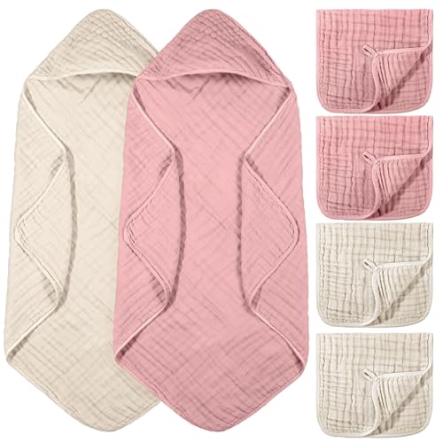 Image of VitalCozy 6 Pcs Baby Muslin Hooded Bath Towels and Washcloths Muslin Cotton Hooded Baby Towels Absorbent Blankets for Gift Newborn Infant Shower (32 x 32 Inch,Dark Pink,Light Brown)