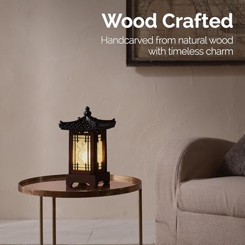 Traditional Korean Wood Lamp | Handmade Asian Oriental Table Lantern | Bedside Bedroom Accent Light | Unique Gift Idea | Pagoda Design (Brown) (House)