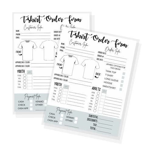 T-Shirt Custom Order Form Hoodie Template Business Invoice | 75 pk | 8.5x11” inches Log Book Printable for Small Businesses, New Orders Vinyl, Decal, Sublimation