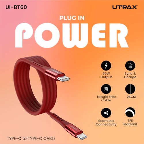 Image of UTRAX 65W PD Fast Charging Cable with Premium Metal Connectors, Type C Cable, Red (.25M)
