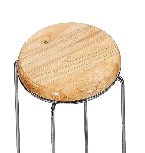 Image of MLU Wooden Top Stainless Steel Stool for Home, Office, Shop, Bar, and Restaurant,Kitchen, 30 cm , 30 cm