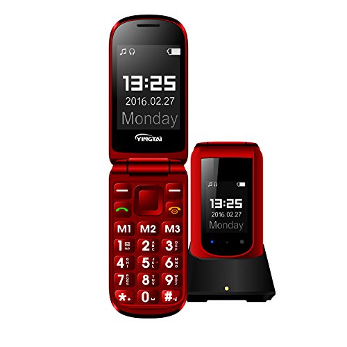 YINGTAI T09 Teléfono Móvil para Personas Mayores Teclas Grandes con Tapa Pantalla de 2,4+1.7 Pulgadas Tecla de Emergencia Botón SOS con Base Cargadora (Rojo)