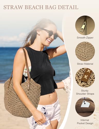Beach Bags for Women with Zipper, Large Straw Bag Woven Tote Bag Straw Shoulder Bag for Summer Vocation3