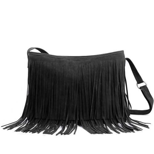 HOXIS Tassel Faux Suede Leather Hobo Cross Body Shoulder Bag Womens Sling Bag (Black1)
