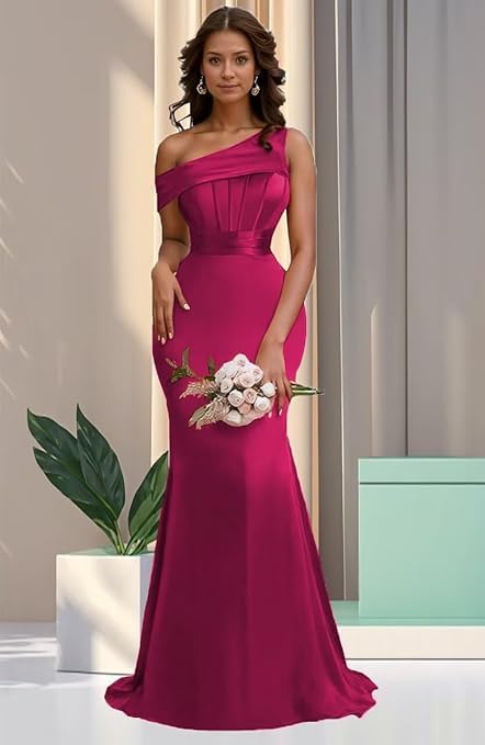 Women's Satin Prom Dress One Shoulder Corset Bridesmaid Gowns Mermaid Pleated Formal Evening Gown