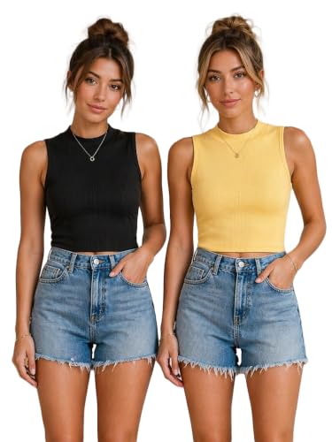 Image of Toochki Tops for Women Crop Top for Women's Tank Activewear Tee Casual Sports Cotton High Neck Camisole Pack of Two (2)