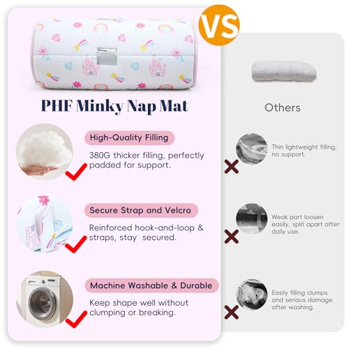 Image of PHF Soft Toddler Nap Mat with Removable Pillow, Rollup Design Kids Sleeping Mat, Slumber Bags for Girls, 50 inchx20 inch Toddler Sleeping Bag for Daycare Preschool Travel Camping, Castle