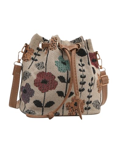 QWINEE Women's Floral Drawstring Bucket Bag Retro Vintage Small Crossbody Bag with Detachable Strap