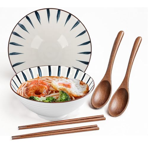Cuenco de cerámica, 2 unidades, porcelana japonesa, juego de 1200 ml, cuenco para sopas, 20 cm, cuenco grande para ensalada con palillos, cuchara, cuencos para mezclar pasta, cereales, ensaladas