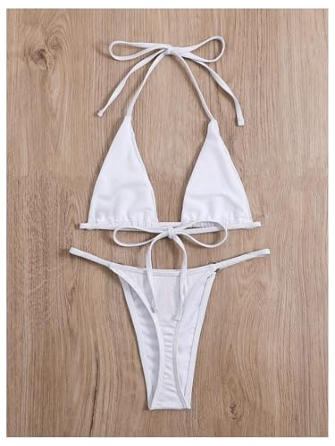 SOLY HUX Women's Metallic Bathing Suit Halter Micro Triangle Top Swimsuit String Thong Two Piece Bikini Sets4