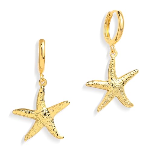 Image of Gold Starfish Mermaid Tail Dangle Drop Earrings for Women, Trendy Cute Pearl Fish Tail Shell Textured Hoop Dangling Earing Summer sea Beach Jewelry Gift.