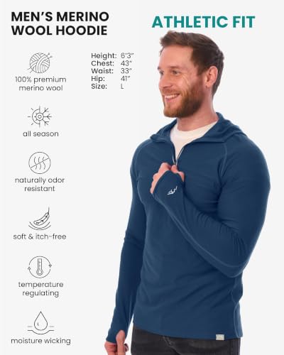 Image of Merino.tech 100% Merino Wool Hoodie Men - Slim Fit Merino Wool Base Layer Mens Half Zip Thermal Long Sleeve Shirt and Socks
